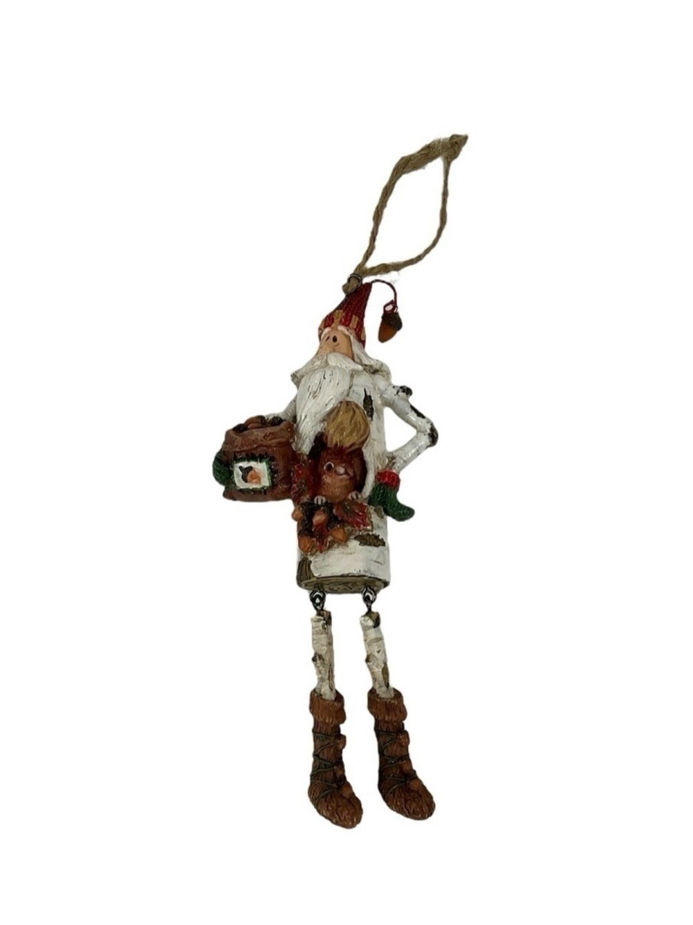 White Birch Santa Claus hanging Ornament with Nesting Squirrel 10” ornament